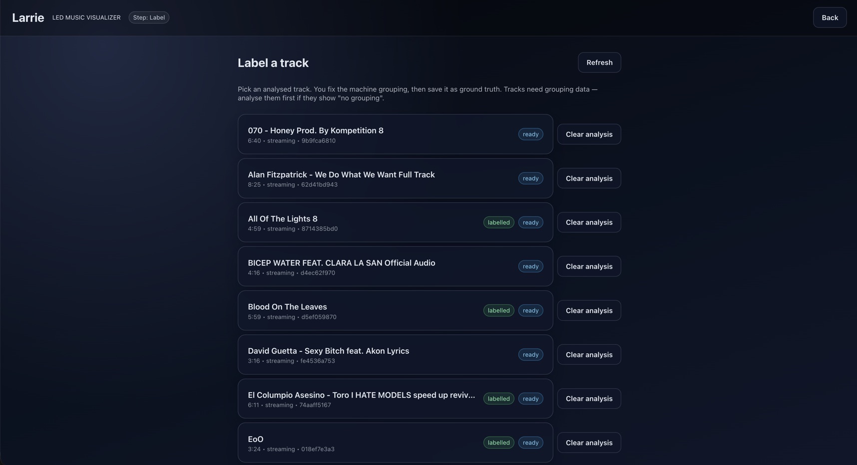 Manual audio labelling, selection screen